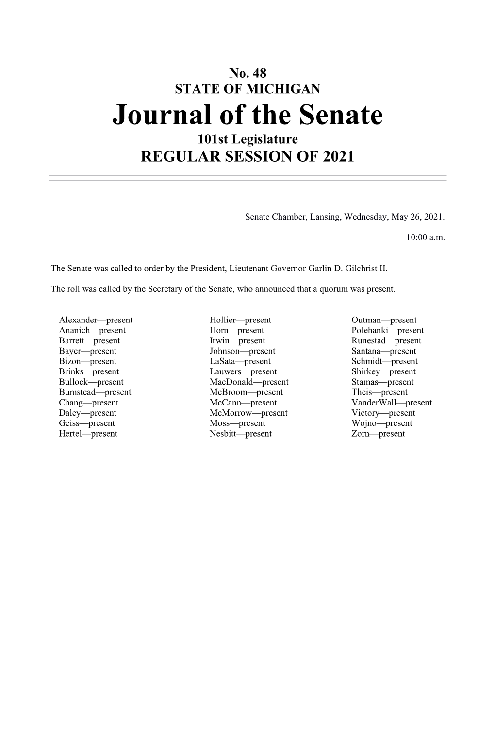 Journal of the Senate 101St Legislature REGULAR SESSION of 2021