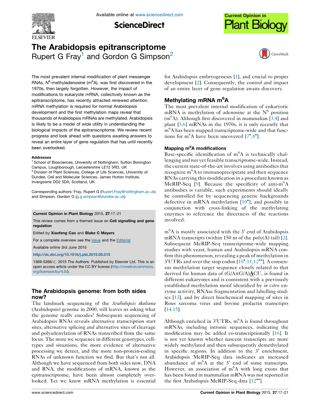 The Arabidopsis Epitranscriptome