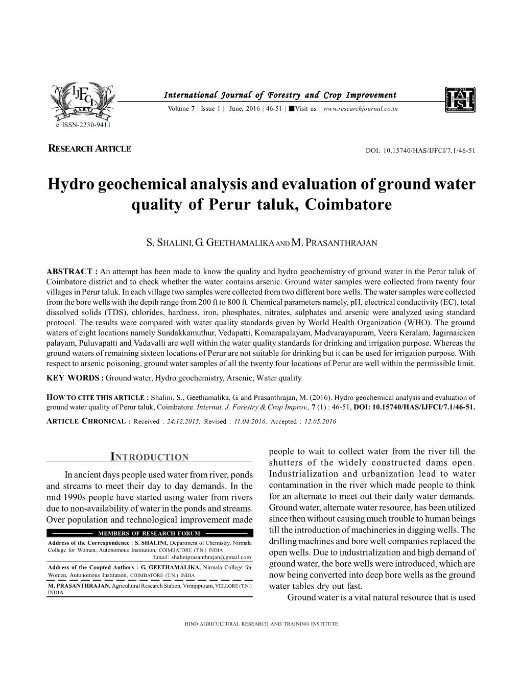 Hydro Geochemical Analysis and Evaluation of Ground Water Quality of Perur Taluk, Coimbatore