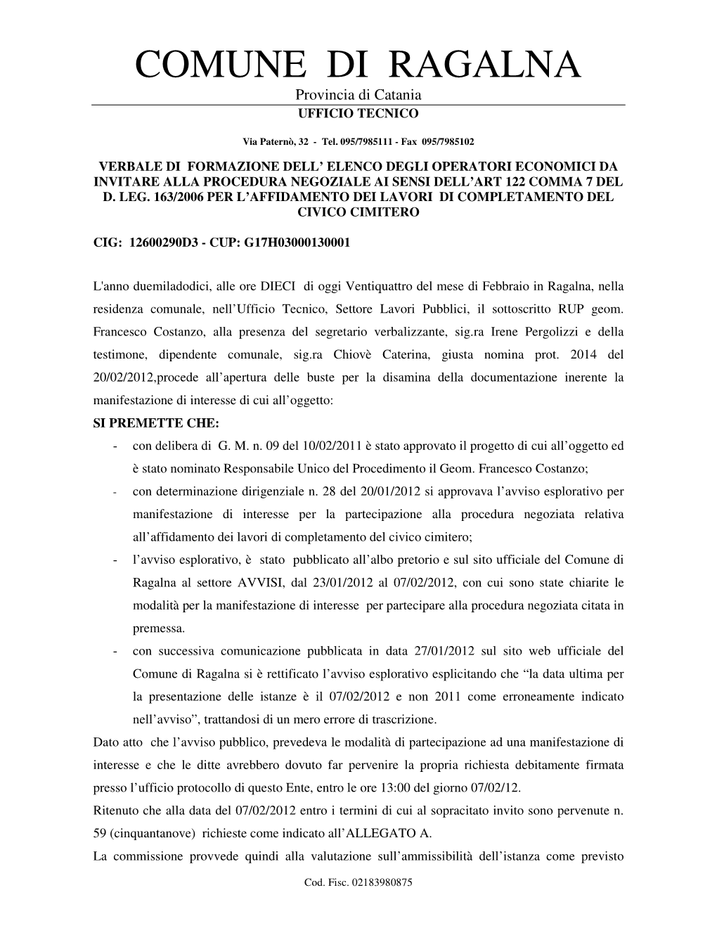 COMUNE DI RAGALNA Provincia Di Catania UFFICIO TECNICO