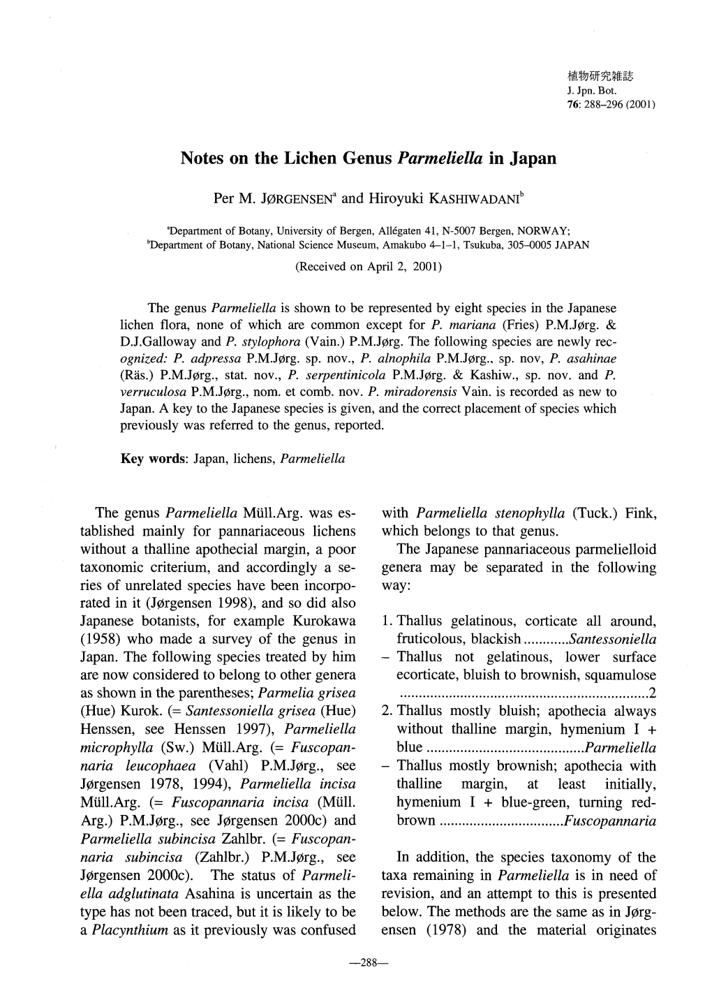 Page 1 植物研究雜誌 J. Jpn. Bot. 76: 288-296 (2001) Notes on The