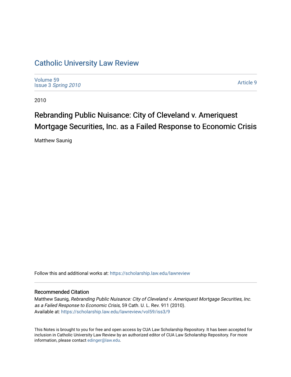 Rebranding Public Nuisance: City of Cleveland V. Ameriquest Mortgage Securities, Inc