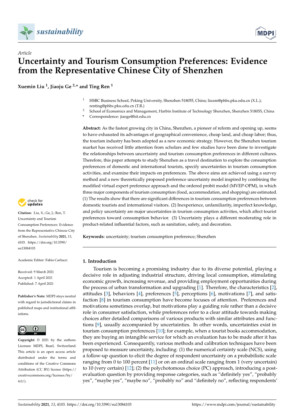 Uncertainty and Tourism Consumption Preferences: Evidence from the Representative Chinese City of Shenzhen
