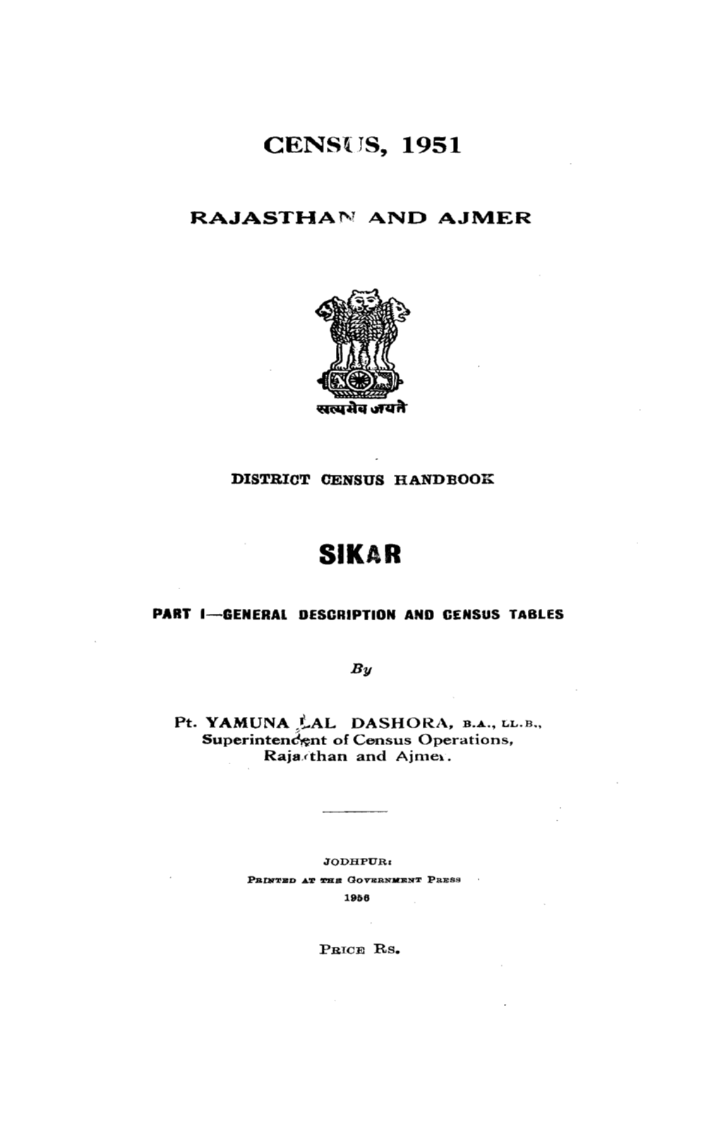 District Census Handbook, Sikar, Part-I, Rajasthan and Ajmer