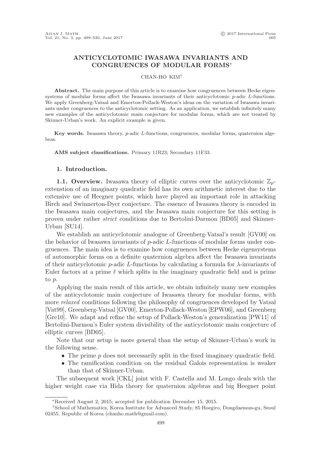 Anticyclotomic Iwasawa Invariants and Congruences of Modular Forms∗