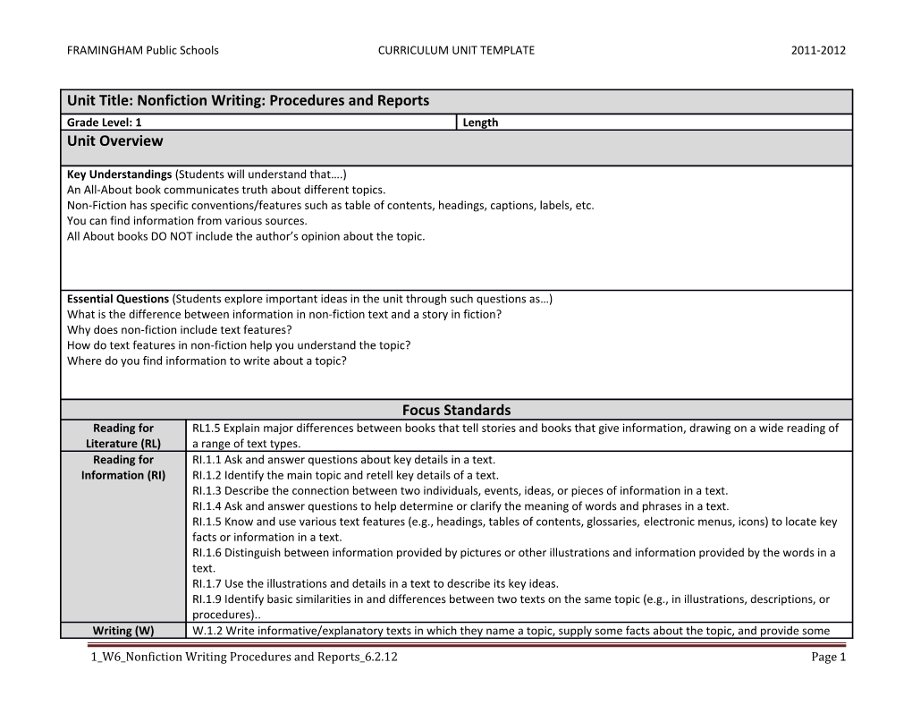 Unit Title: Nonfiction Writing: Procedures And Reports