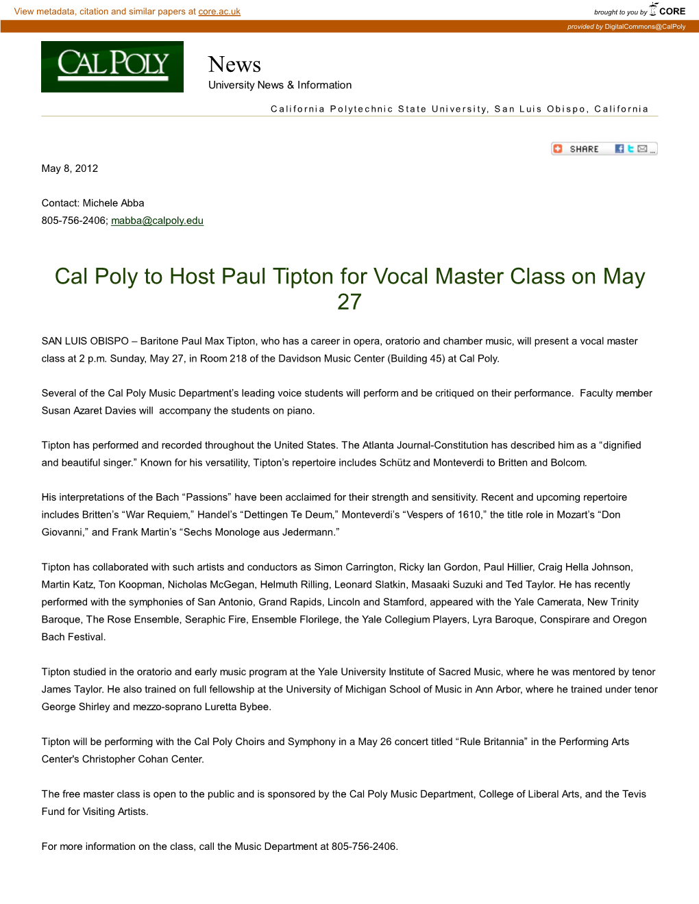 Cal Poly to Host Paul Tipton for Vocal Master Class on May 27