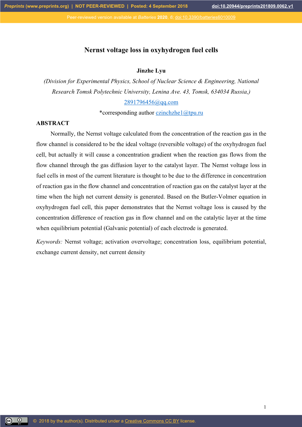 Nernst Voltage Loss in Oxyhydrogen Fuel Cells