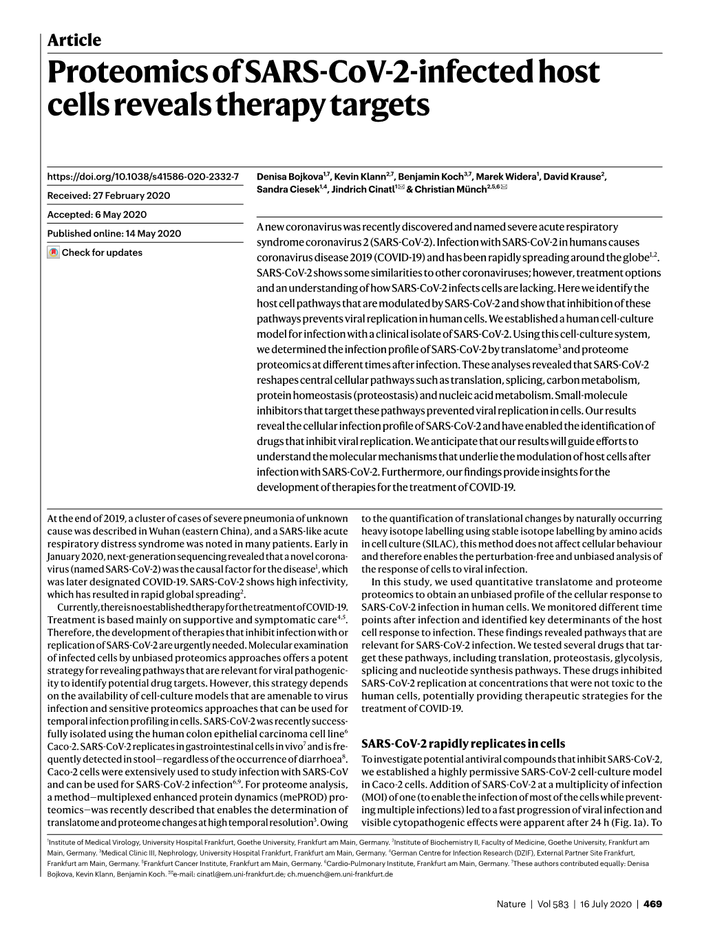 Proteomics of SARS-Cov-2-Infected Host Cells Reveals Therapy Targets