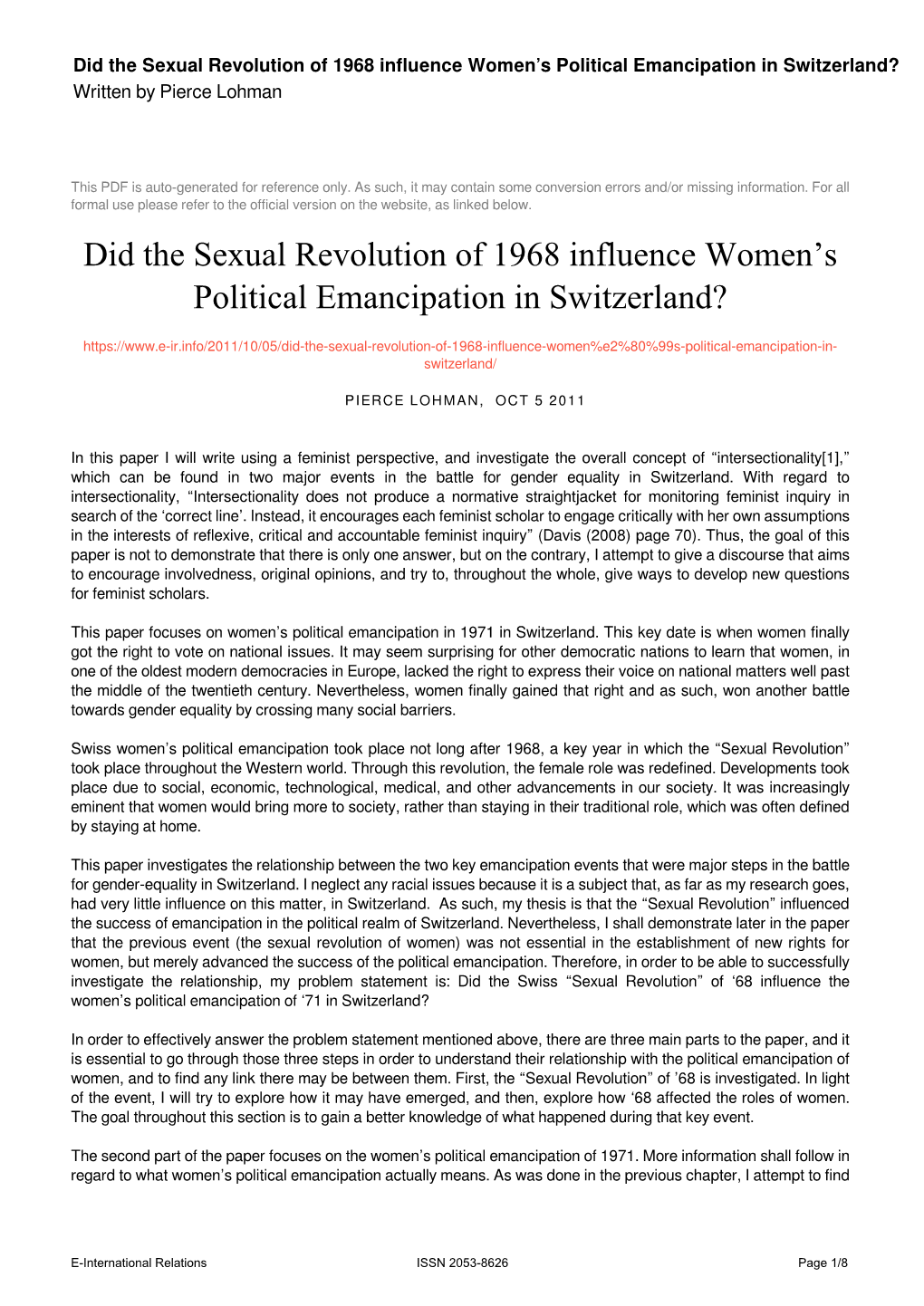 Did the Sexual Revolution of 1968 Influence Women's Political