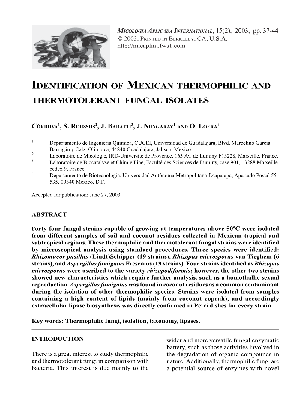 Identification of Mexican Thermophilic and Thermotolerant Fungal Isolates