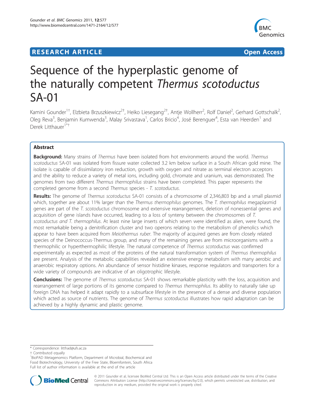 Sequence of the Hyperplastic Genome of the Naturally Competent Thermus