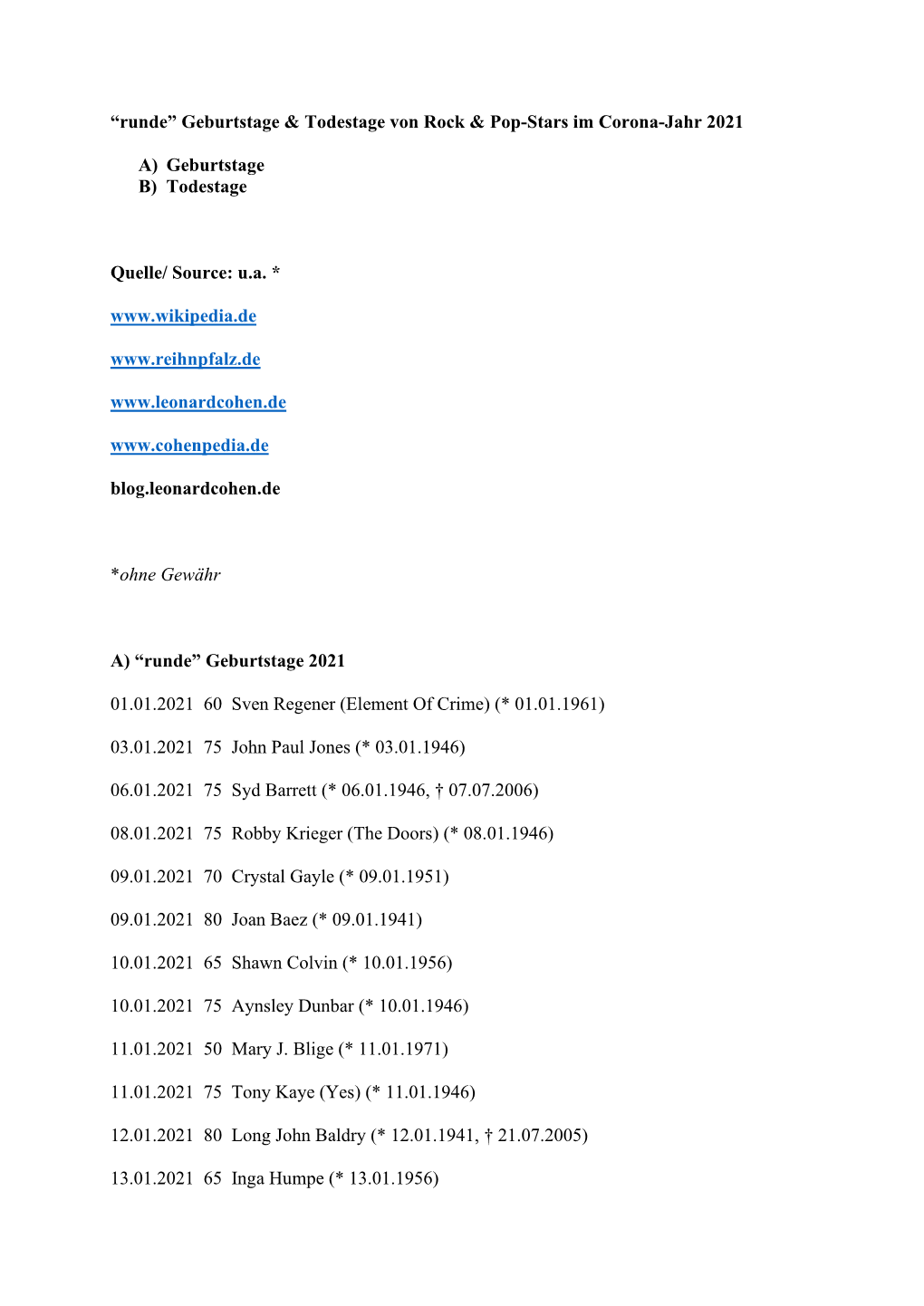 Runde” Geburtstage & Todestage Von Rock & Pop-Stars Im Corona-Jahr 2021