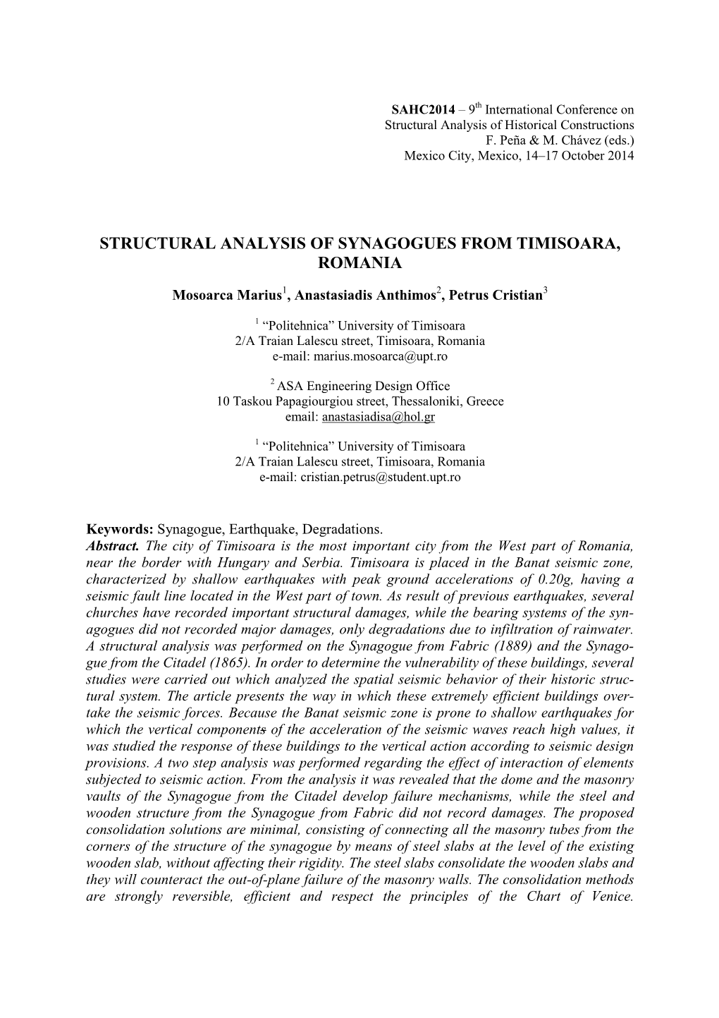 Structural Analysis of Synagogues from Timisoara, Romania