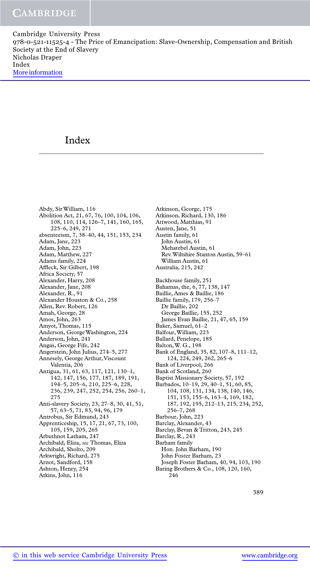 The Price of Emancipation: Slave-Ownership, Compensation and British Society at the End of Slavery Nicholas Draper Index More Information