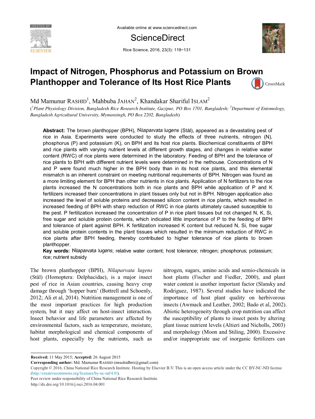 Impact of Nitrogen, Phosphorus and Potassium on Brown Planthopper and Tolerance of Its Host Rice Plants