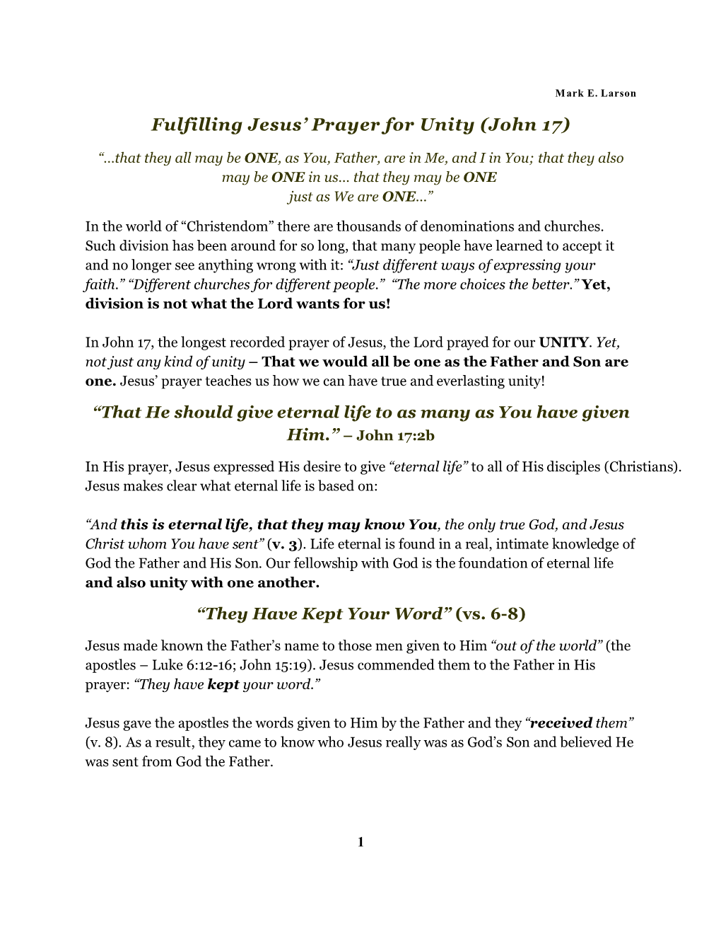 Fulfilling Jesus' Prayer for Unity (John