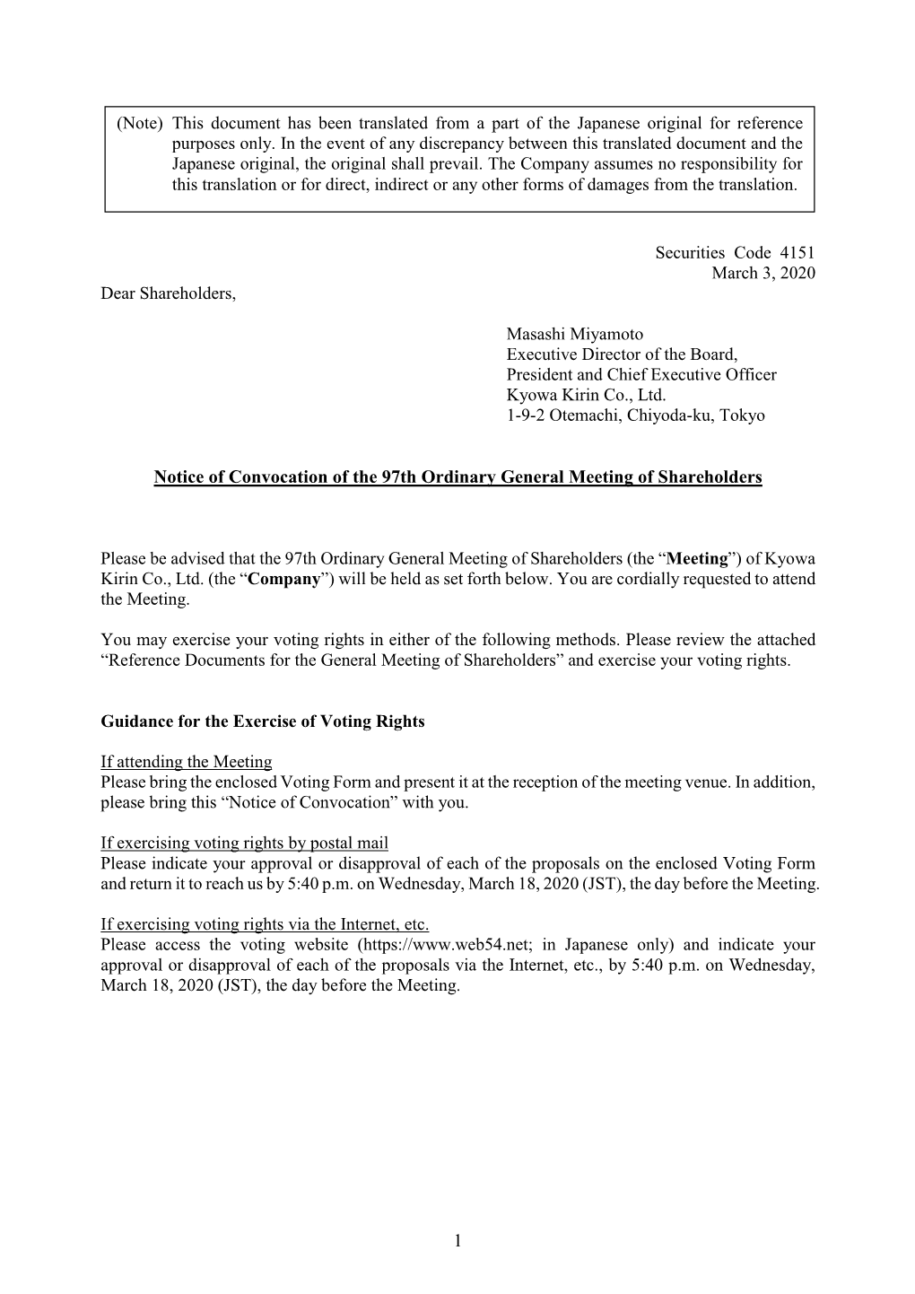 Notice of Convocation of the 97Th Ordinary General Meeting of Shareholders