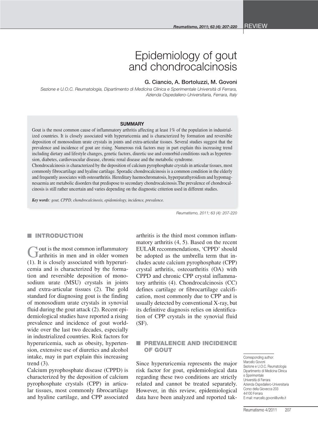 Epidemiology of Gout and Chondrocalcinosis