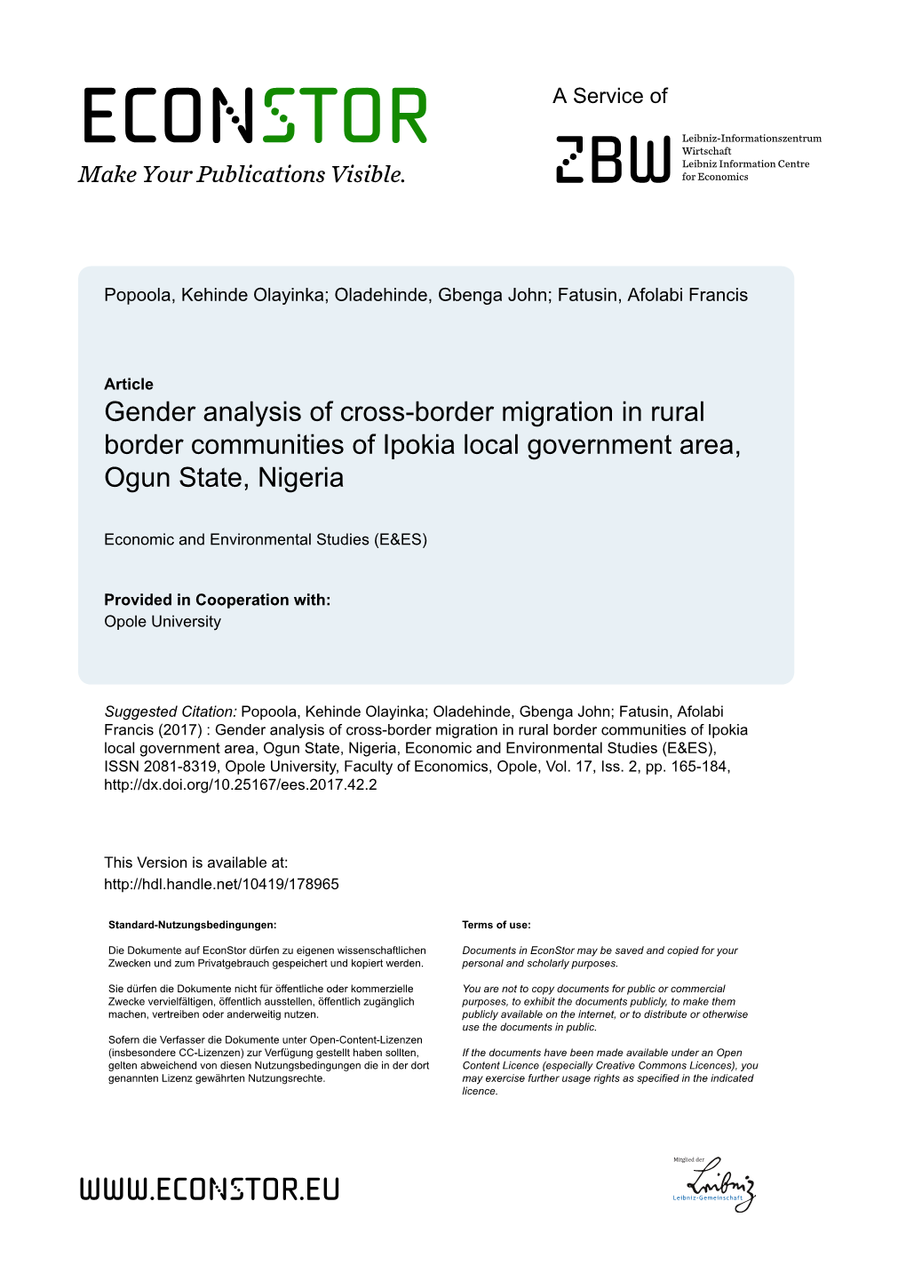 Gender Analysis of Cross-Border Migration in Rural Border Communities of Ipokia Local Government Area, Ogun State, Nigeria
