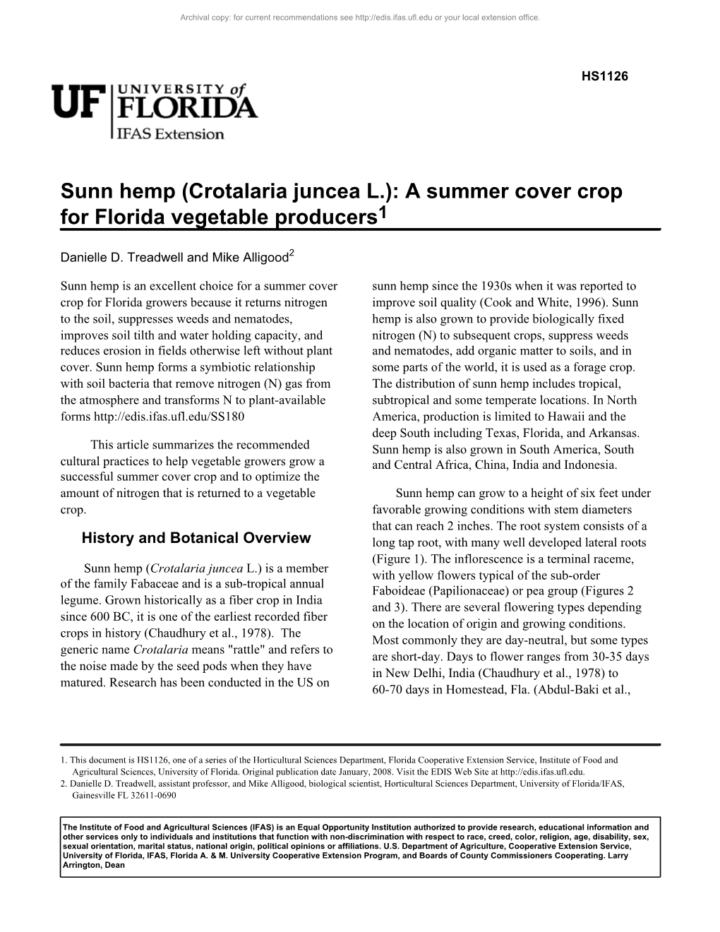 Sunn Hemp (Crotalaria Juncea L.): a Summer Cover Crop for Florida Vegetable Producers1