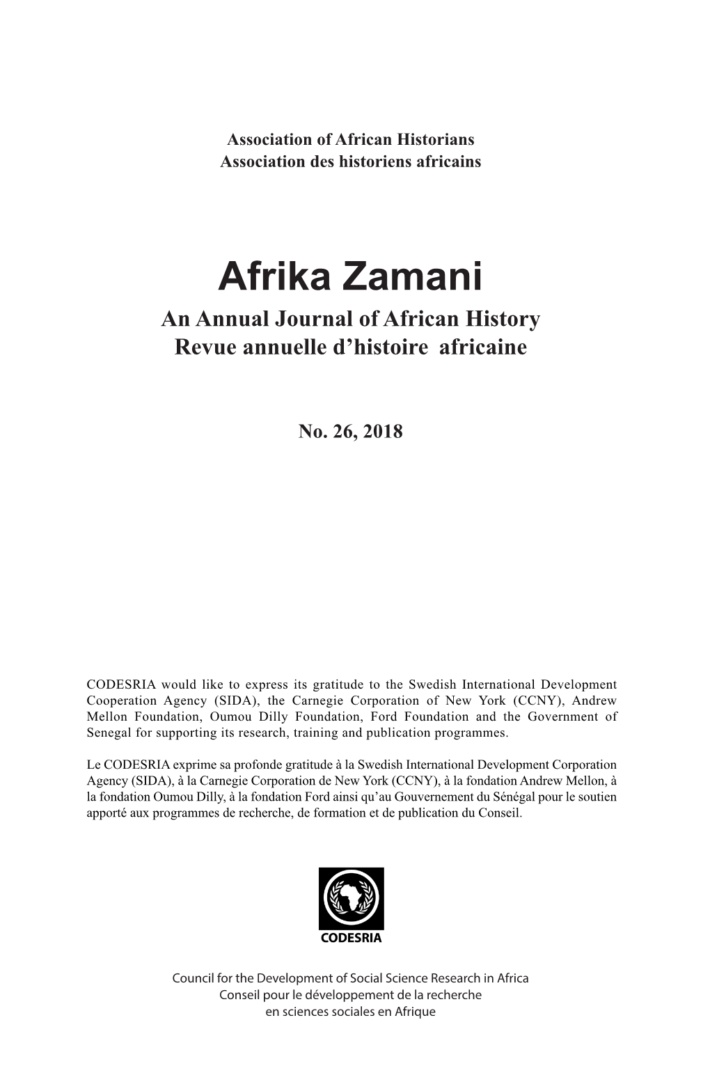 Afrika Zamani an Annual Journal of African History Revue Annuelle D’Histoire Africaine
