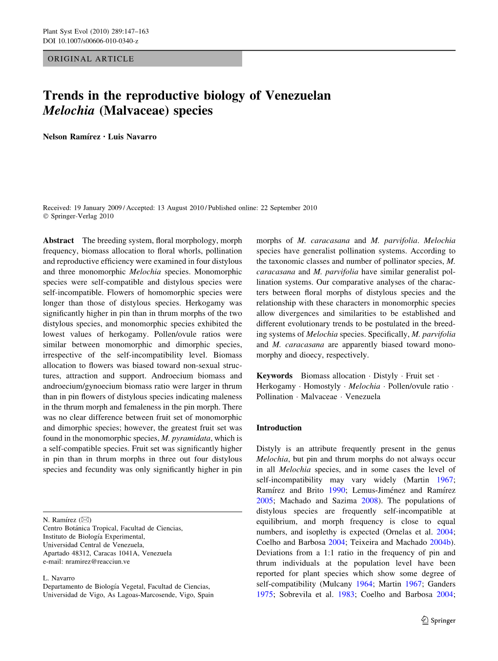 Trends in the Reproductive Biology of Venezuelan Melochia (Malvaceae) Species