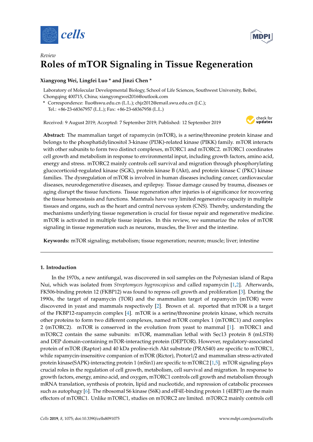 Roles of Mtor Signaling in Tissue Regeneration