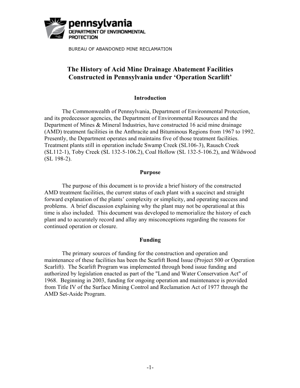 The History of Acid Mine Drainage Abatement Facilities Constructed in Pennsylvania Under ‘Operation Scarlift’