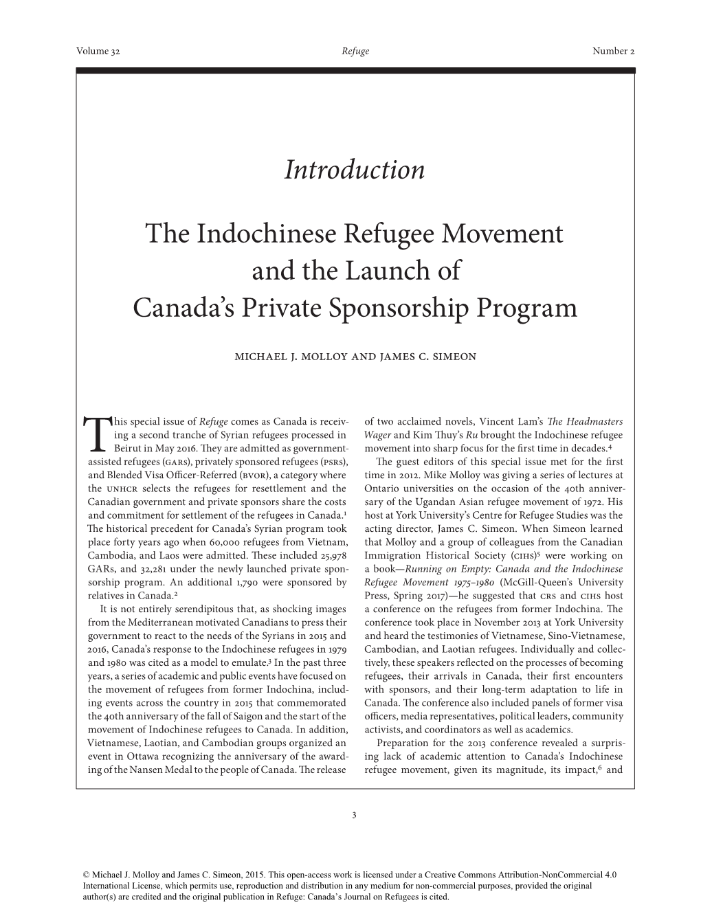 Introduction the Indochinese Refugee Movement and the Launch of Canada's Private Sponsorship Program