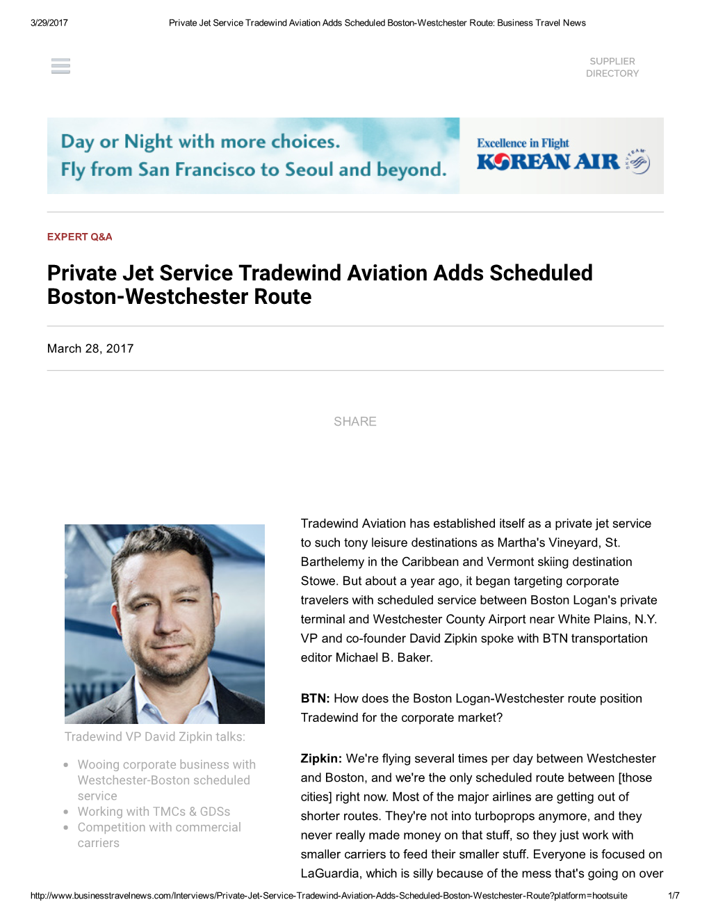 Private Jet Service Tradewind Aviation Adds Scheduled Boston­Westchester Route: Business Travel News