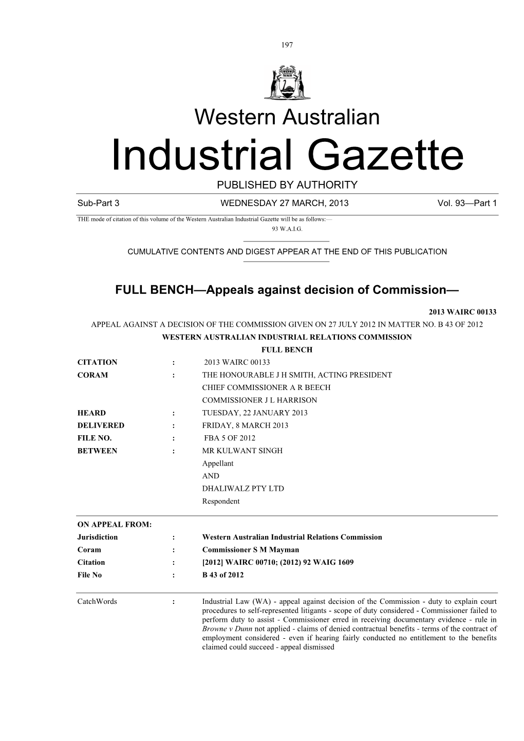 Western Australian Industrial Gazette PUBLISHED by AUTHORITY