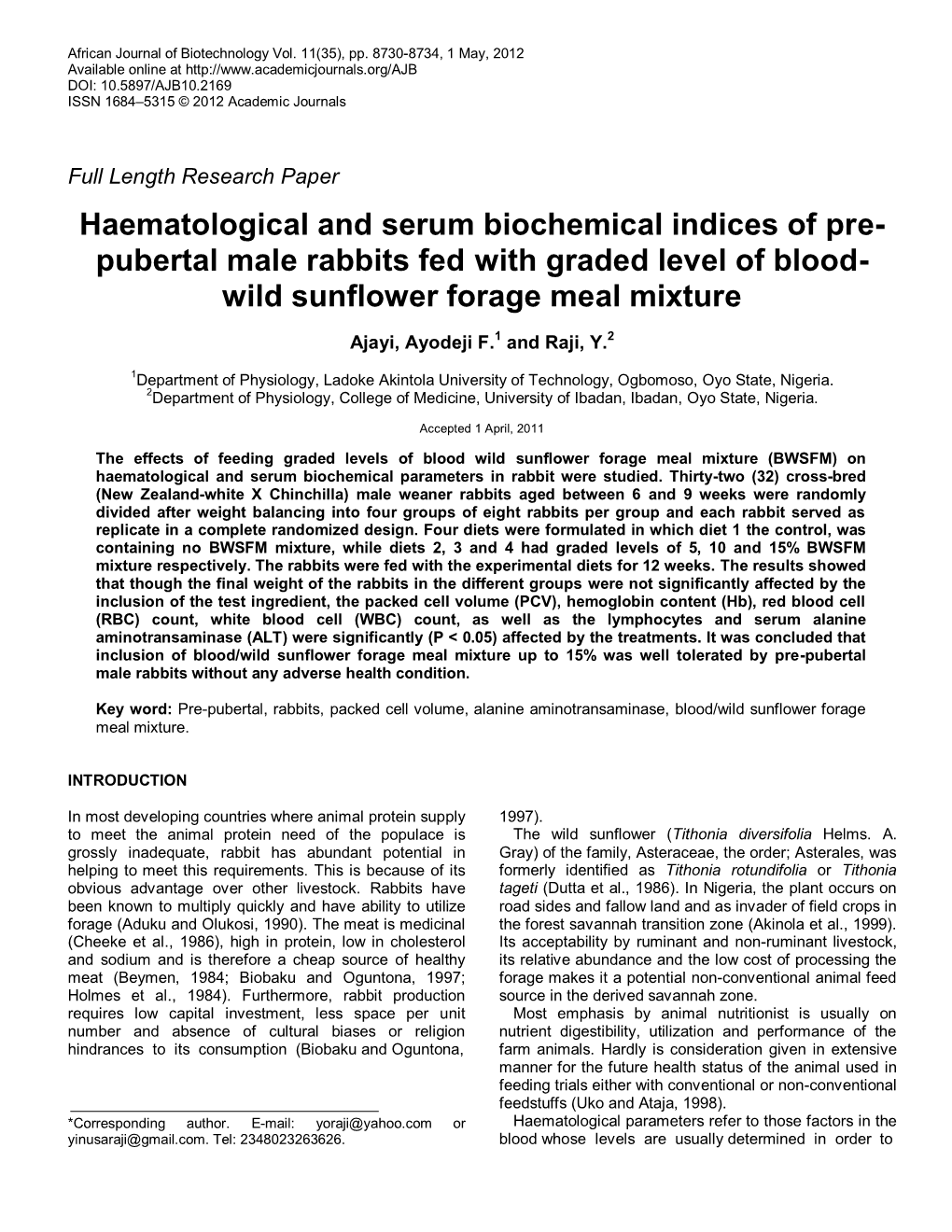 Haematological Parameters and Serum Biochemical Indices of Pre-Pubertal Male Rabbits Fed Different Levels of BWSLM Mixture