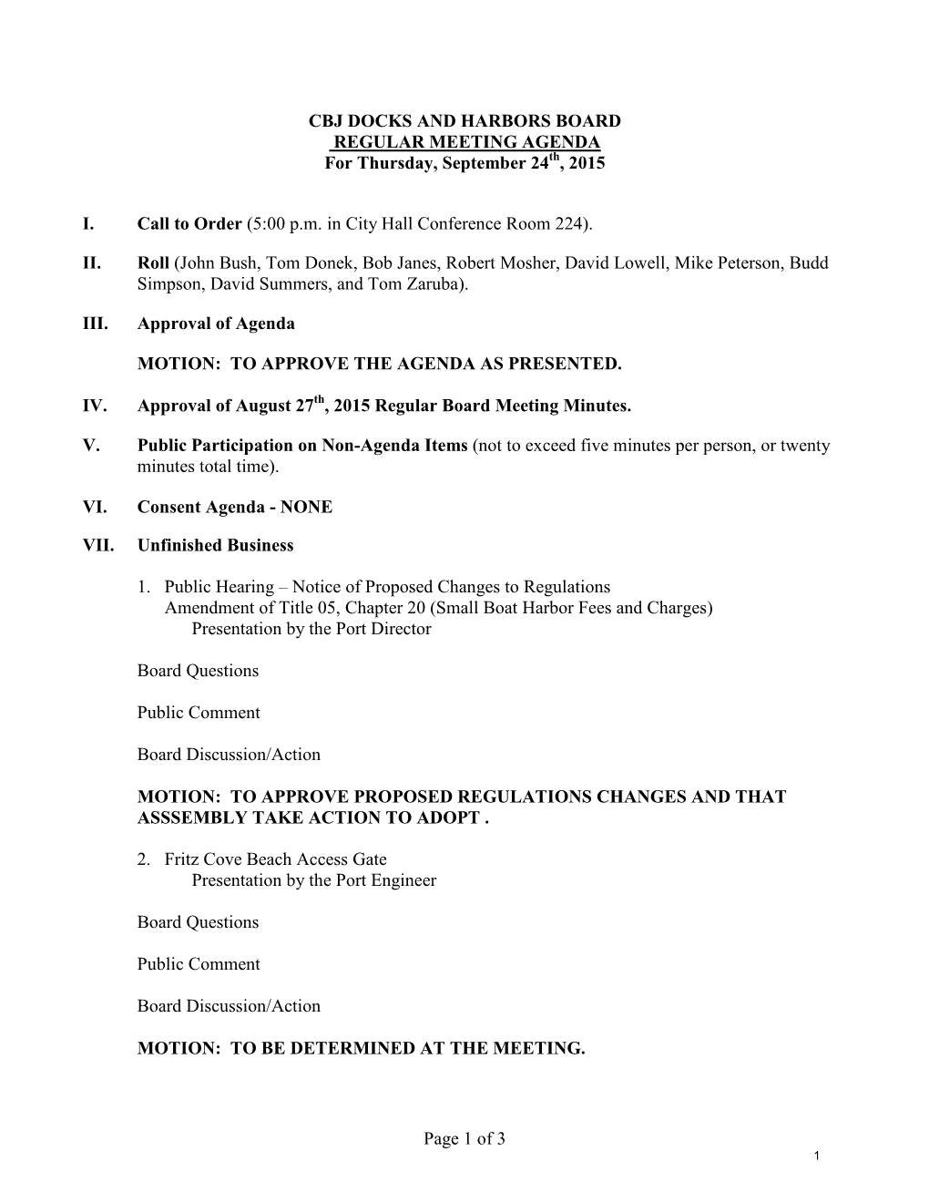 CBJ DOCKS and HARBORS BOARD REGULAR MEETING AGENDA for Thursday, September 24Th, 2015