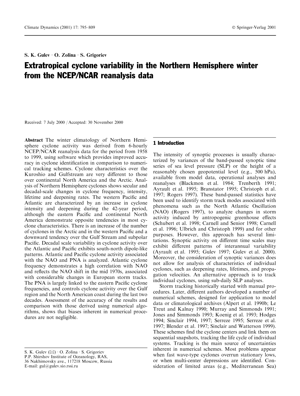 Extratropical Cyclone Variability in the Northern Hemisphere Winter from the NCEP/NCAR Reanalysis Data