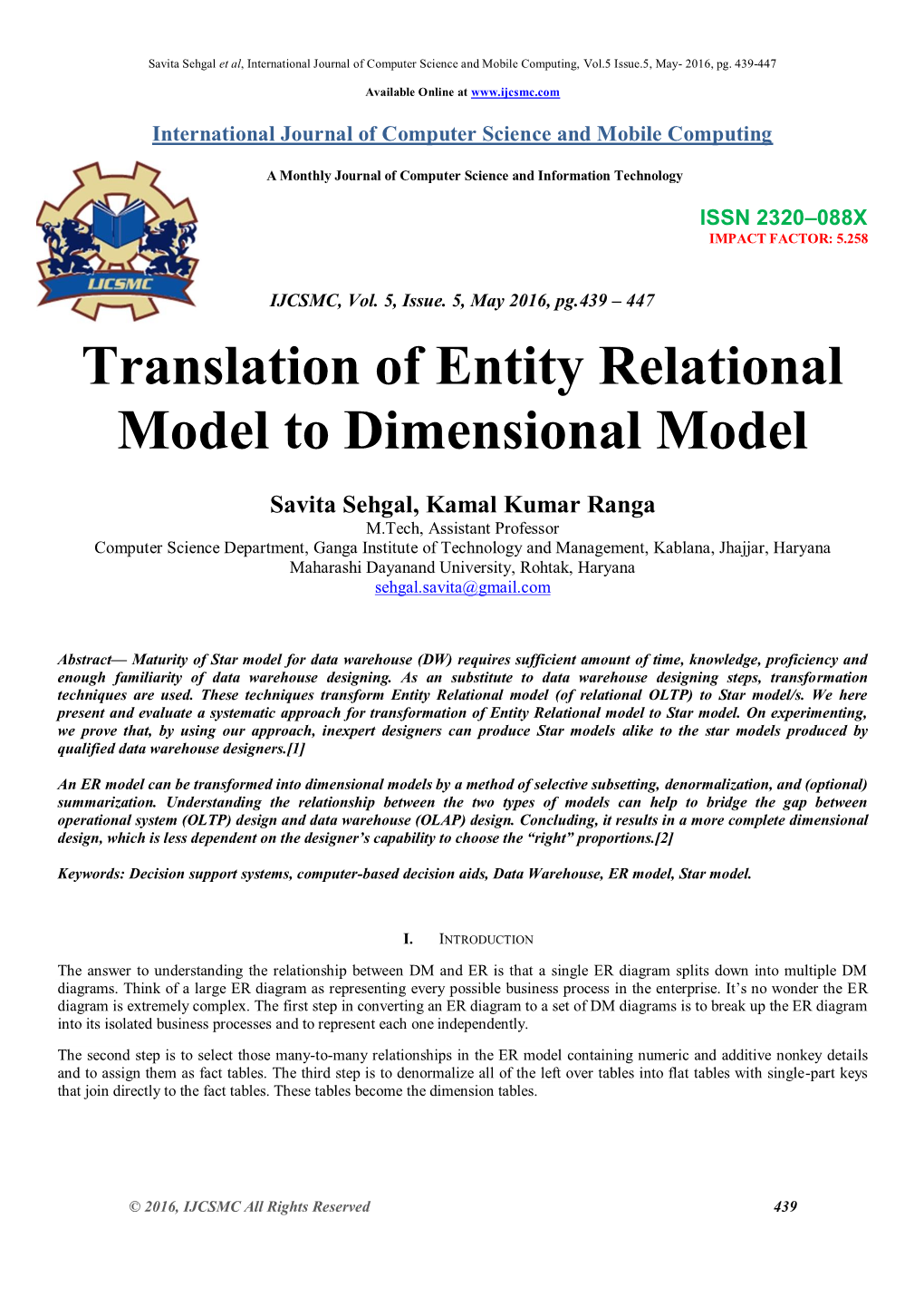 Translation of Entity Relational Model to Dimensional Model