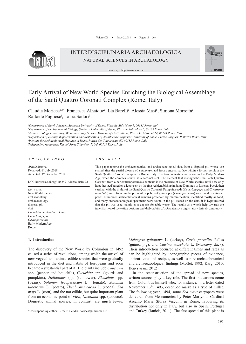 Early Arrival of New World Species Enriching the Biological Assemblage of the Santi Quattro Coronati Complex (Rome, Italy)