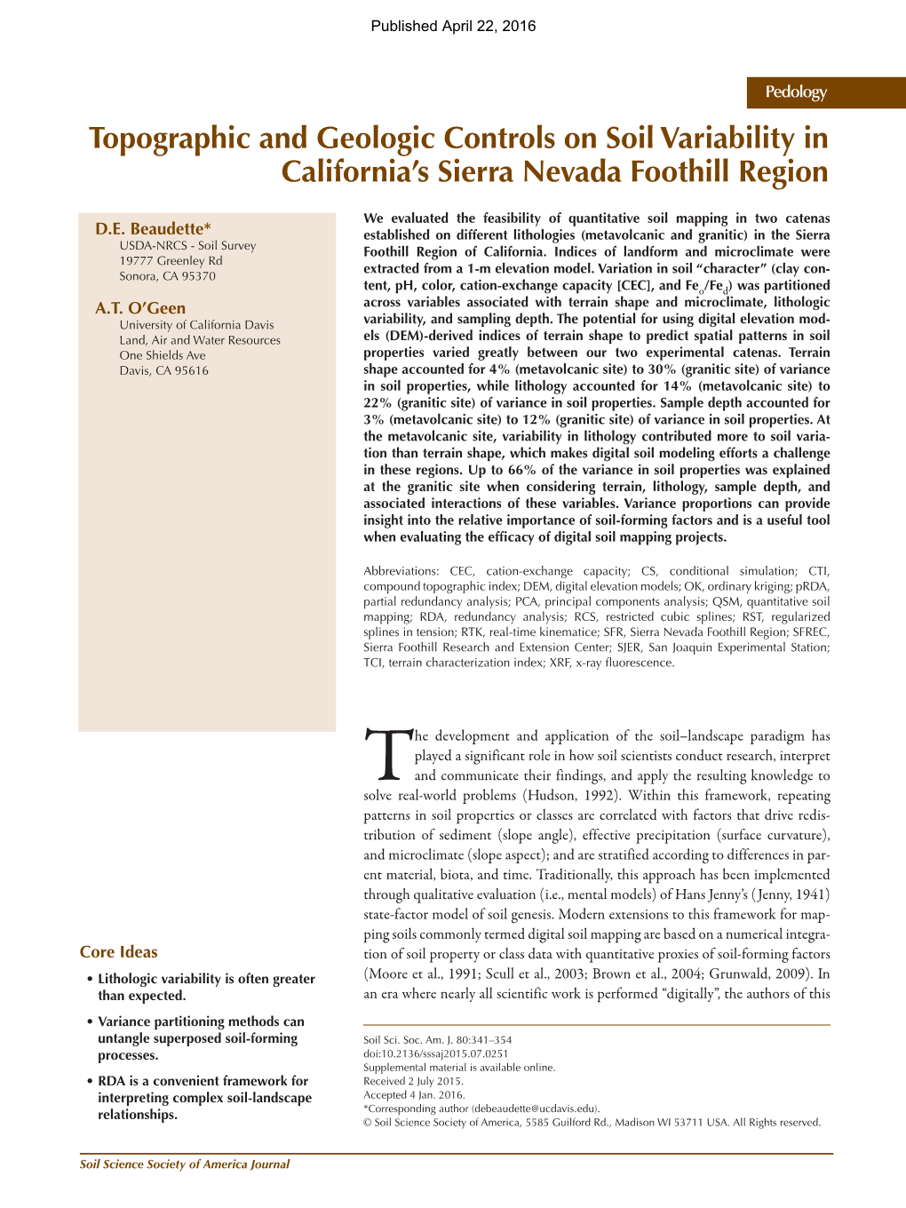 Topographic and Geologic Controls on Soil Variability in California's