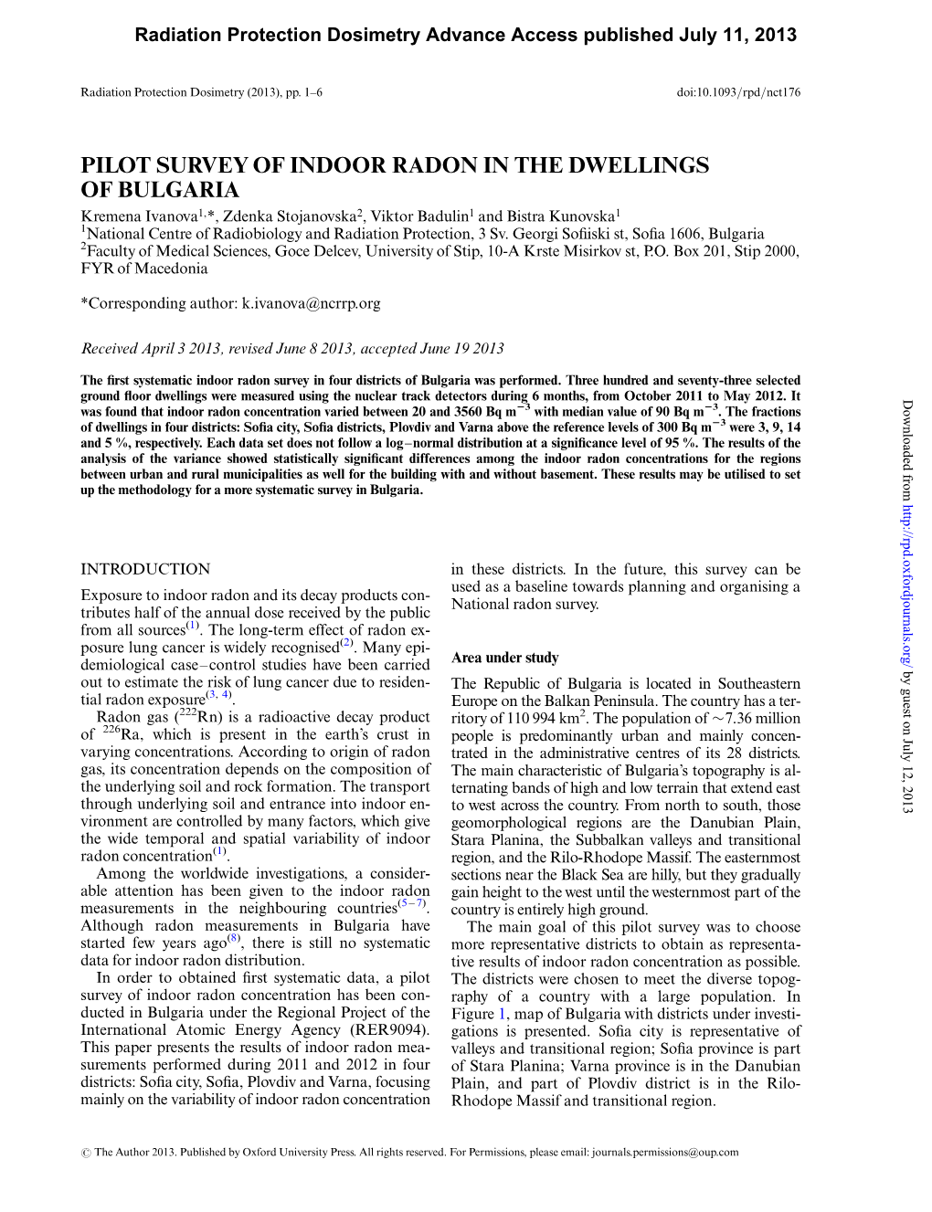 Pilot Survey of Indoor Radon in the Dwellings of Bulgaria