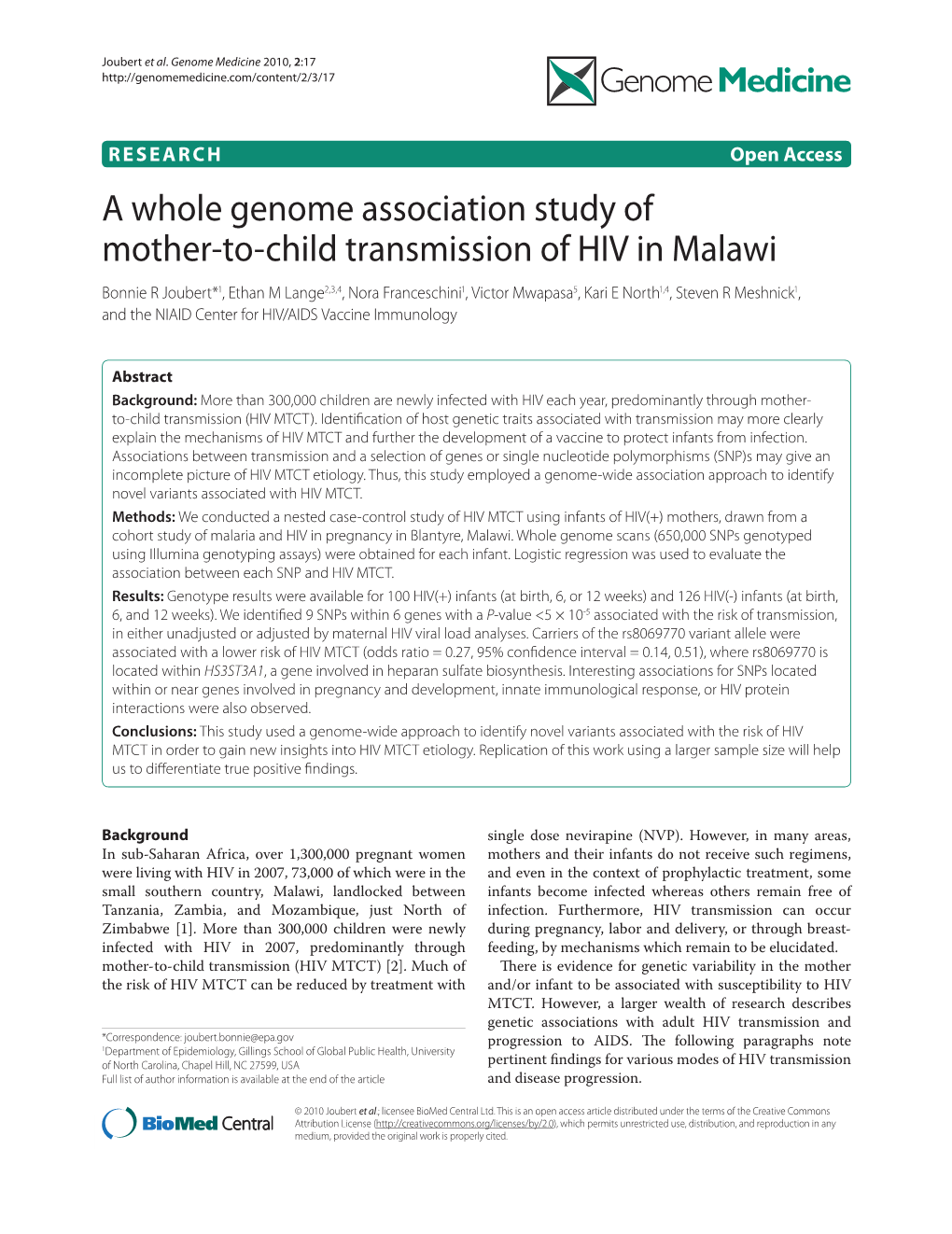 A Whole Genome Association Study of Mother-To-Child Transmission of HIV in Malawi