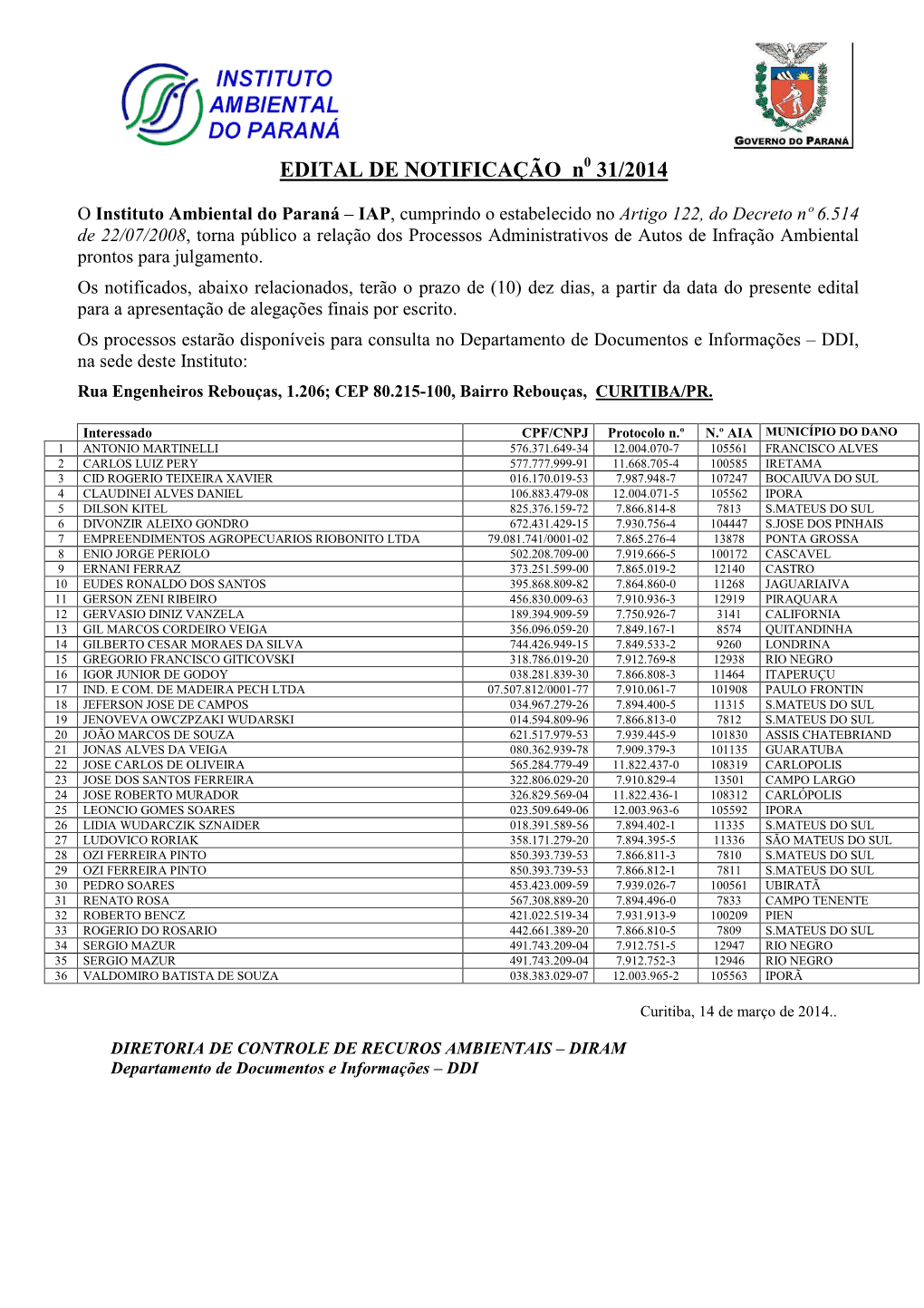 EDITAL DE NOTIFICAÇÃO N 31/2014