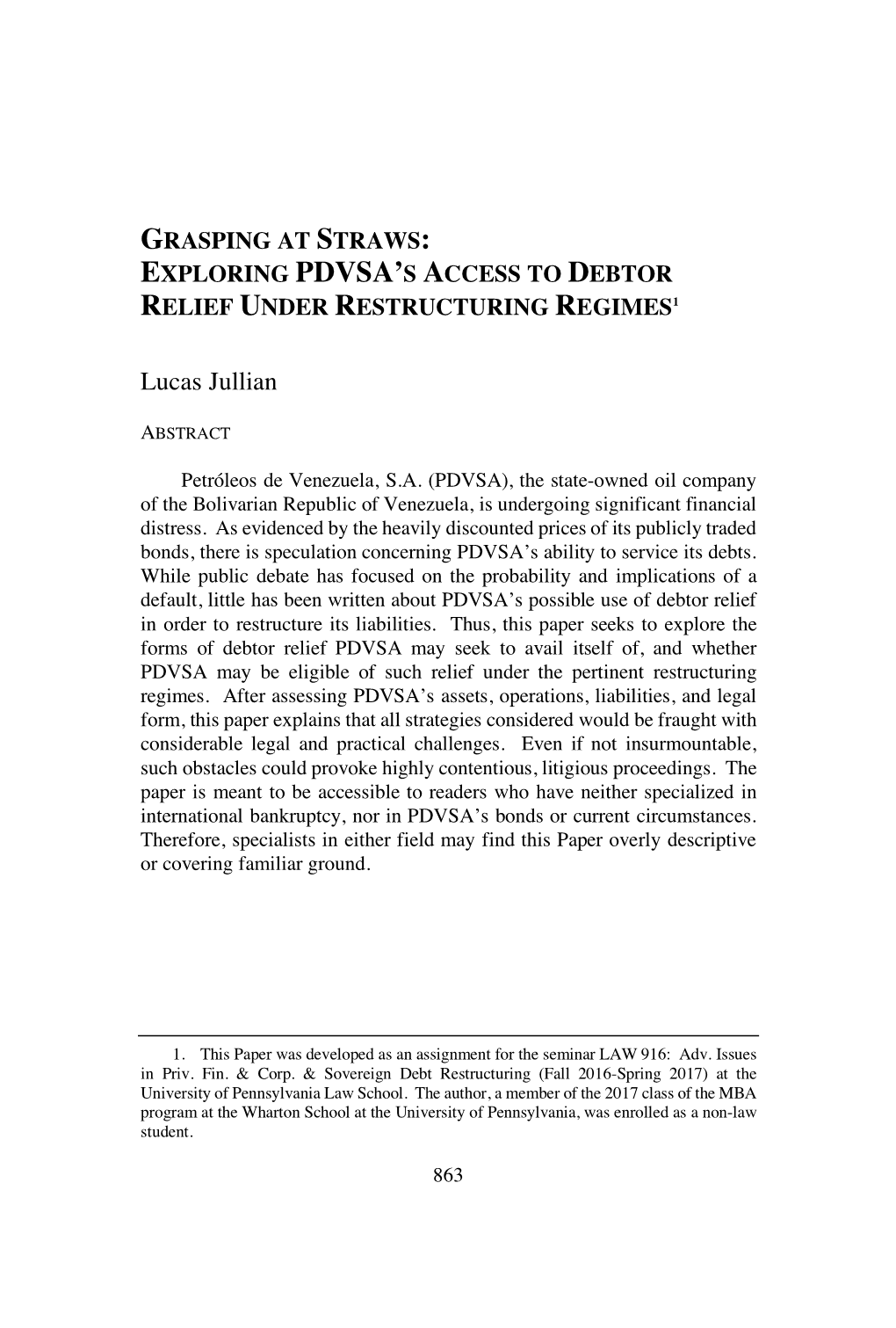 Grasping at Straws: Exploring Pdvsa’S Access to Debtor Relief Under Restructuring Regimes1