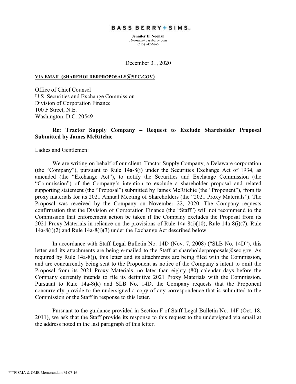 Tractor Supply Company – Request to Exclude Shareholder Proposal Submitted by James Mcritchie