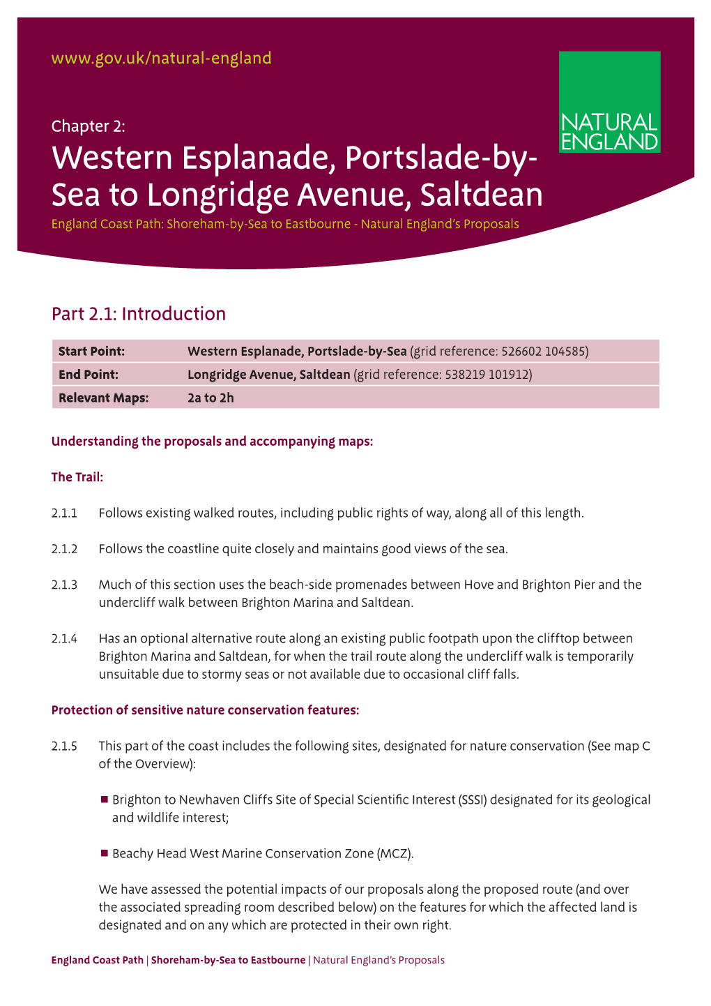 Western Esplanade, Portslade-By- Sea to Longridge Avenue, Saltdean England Coast Path: Shoreham-By-Sea to Eastbourne - Natural England’S Proposals