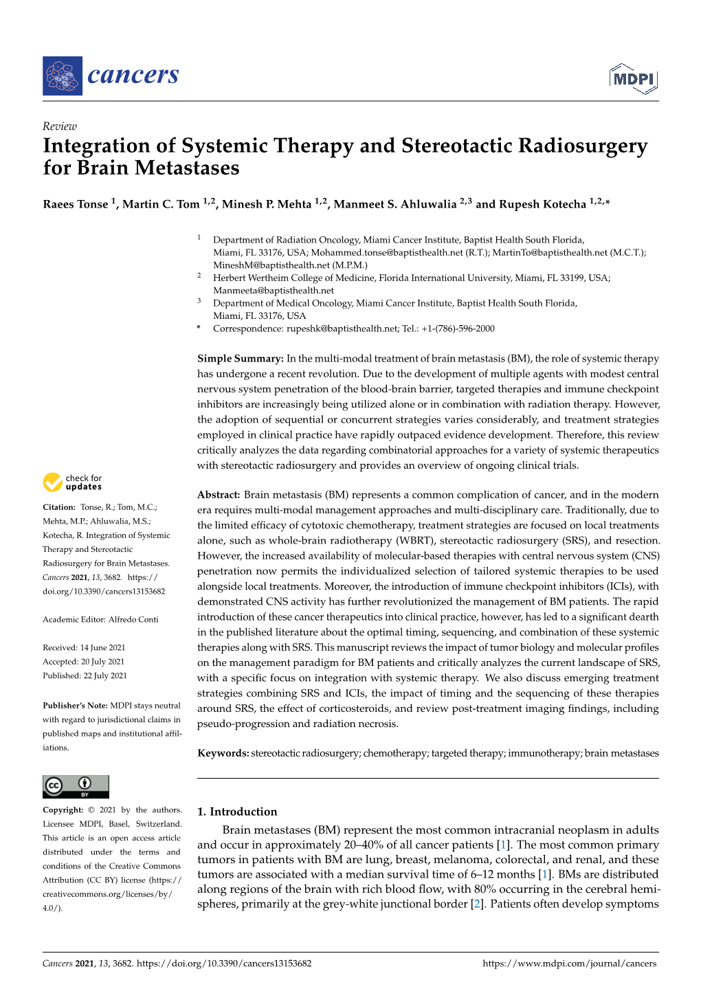 Integration of Systemic Therapy and Stereotactic Radiosurgery for Brain Metastases