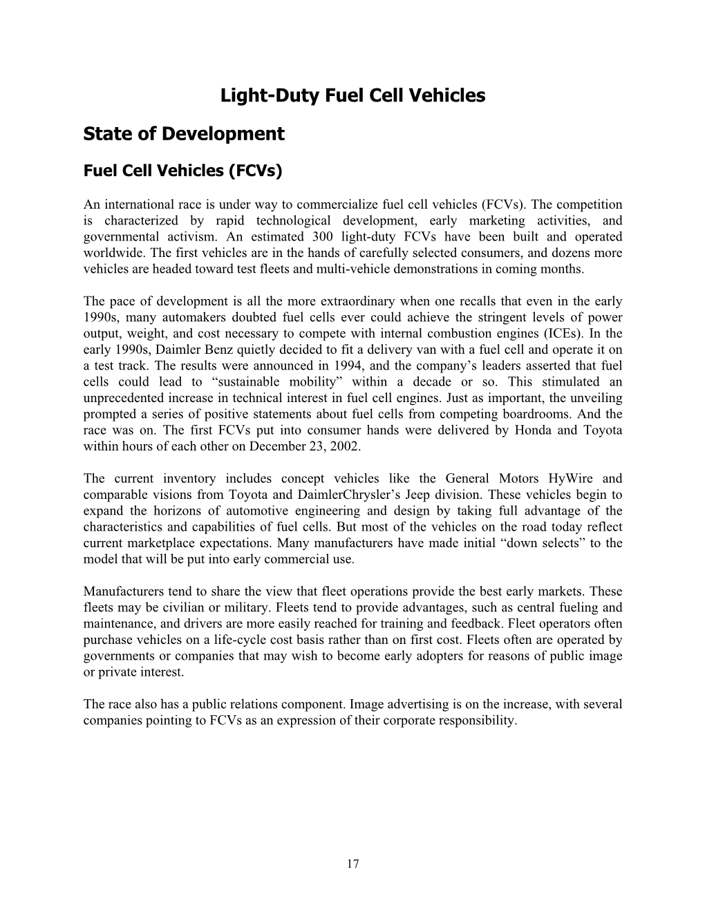 Light-Duty Fuel Cell Vehicles State of Development