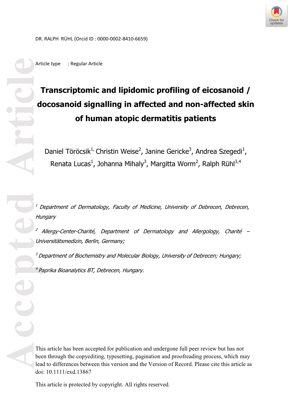 Transcriptomic and Lipidomic Profiling of Eicosanoid / Docosanoid Signalling in Affected and Non‐Affected Skin of Human Atopic