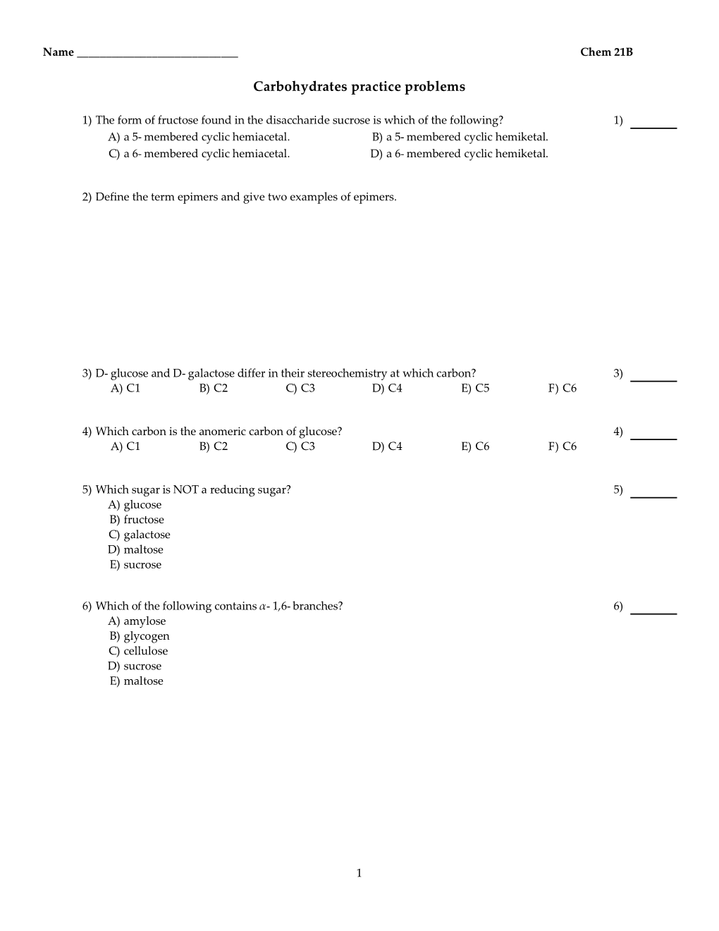 Carbohydrates Practice Problems