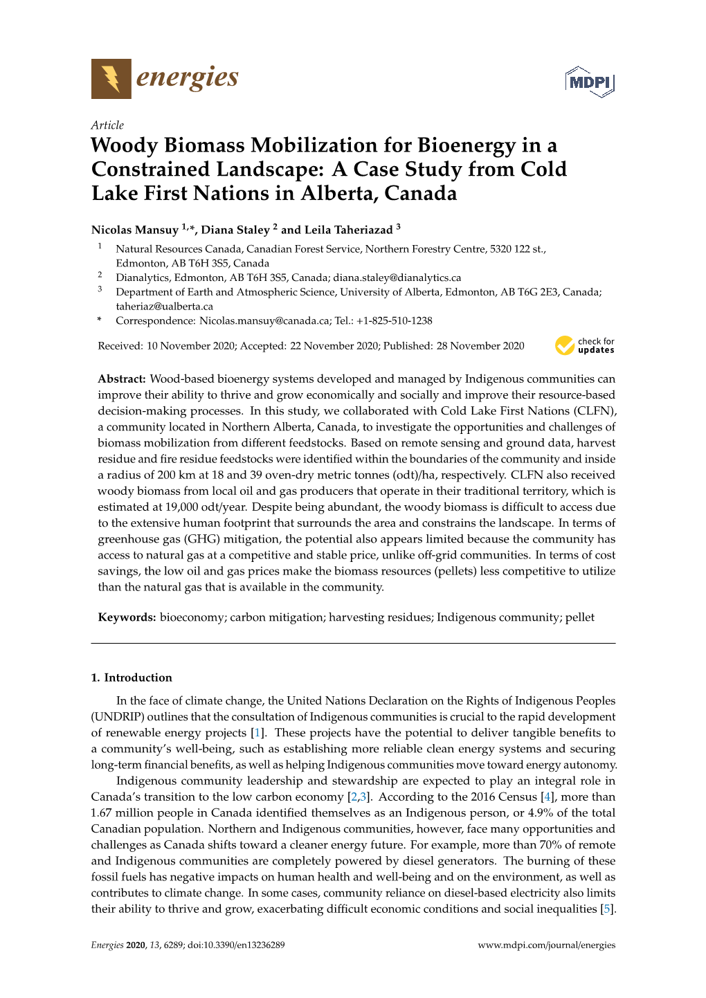 Woody Biomass Mobilization for Bioenergy in a Constrained Landscape: a Case Study from Cold Lake First Nations in Alberta, Canada