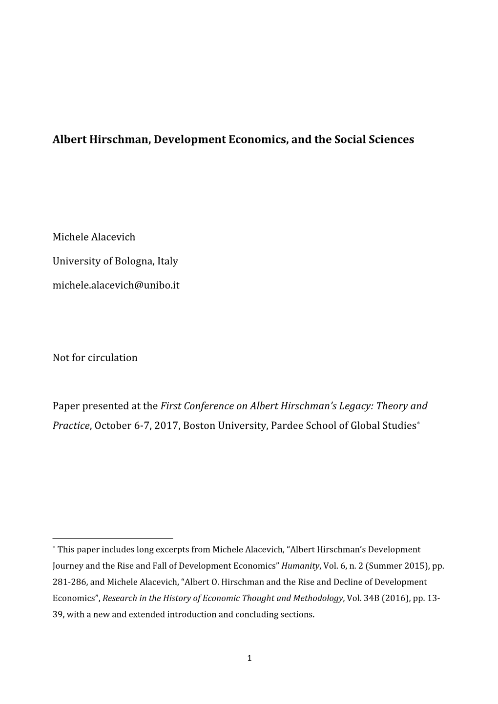 Albert Hirschman, Development Economics, and the Social Sciences